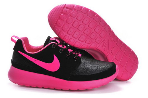 Nike Roshe Run Womenss Shoes Leather Black Rose Red Taiwan